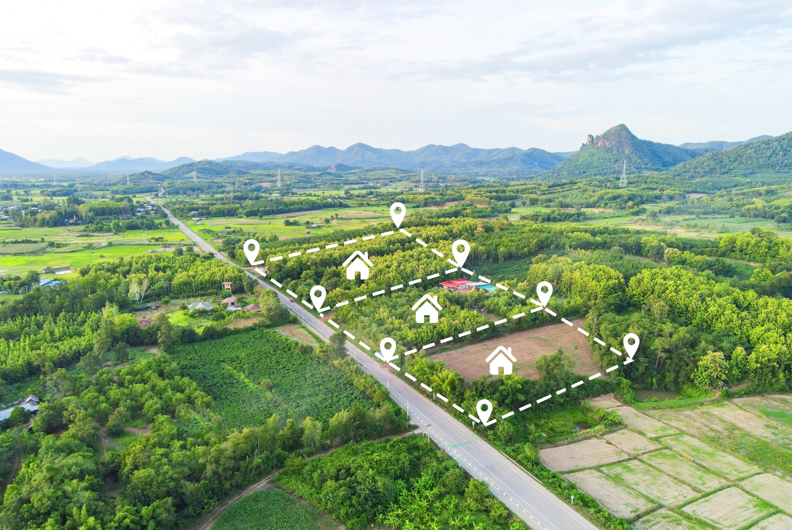 Land plot for building house aerial view, land field with pins, pin location for housing subdivision residential development owned sale rent buy or investment home or house expand the city suburb